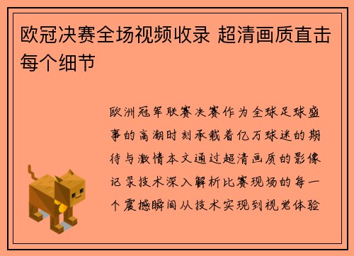 欧冠决赛全场视频收录 超清画质直击每个细节